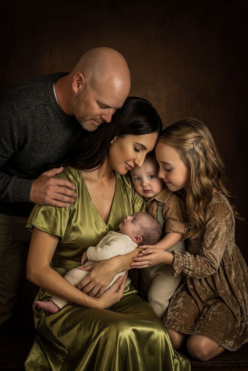 Fine art family heirloom portrait in Odessa Texas, moody studio lighting, mother holding baby with father and daughter, painterly photography style