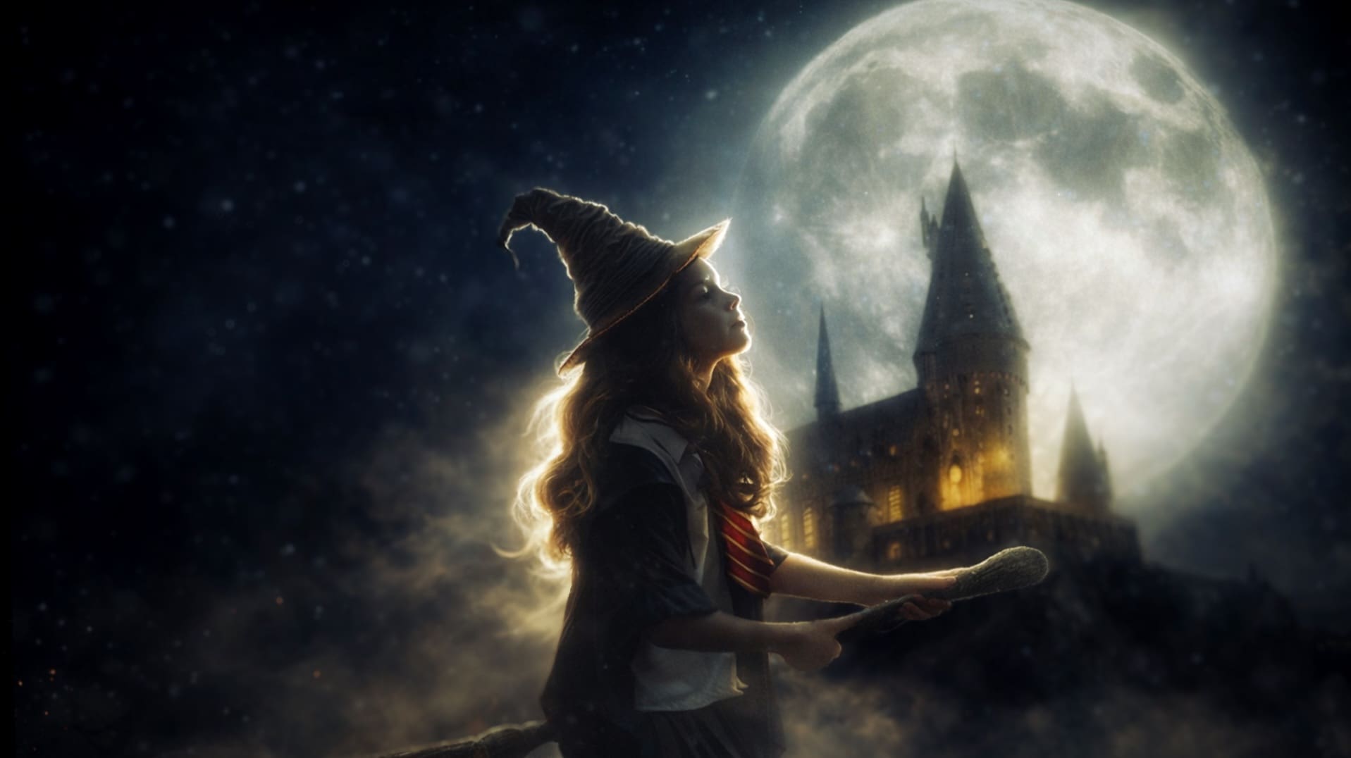 Cinematic fantasy portrait of a child with a glowing wand and moonlit castle, fine art children’s photographer in Odessa Texas