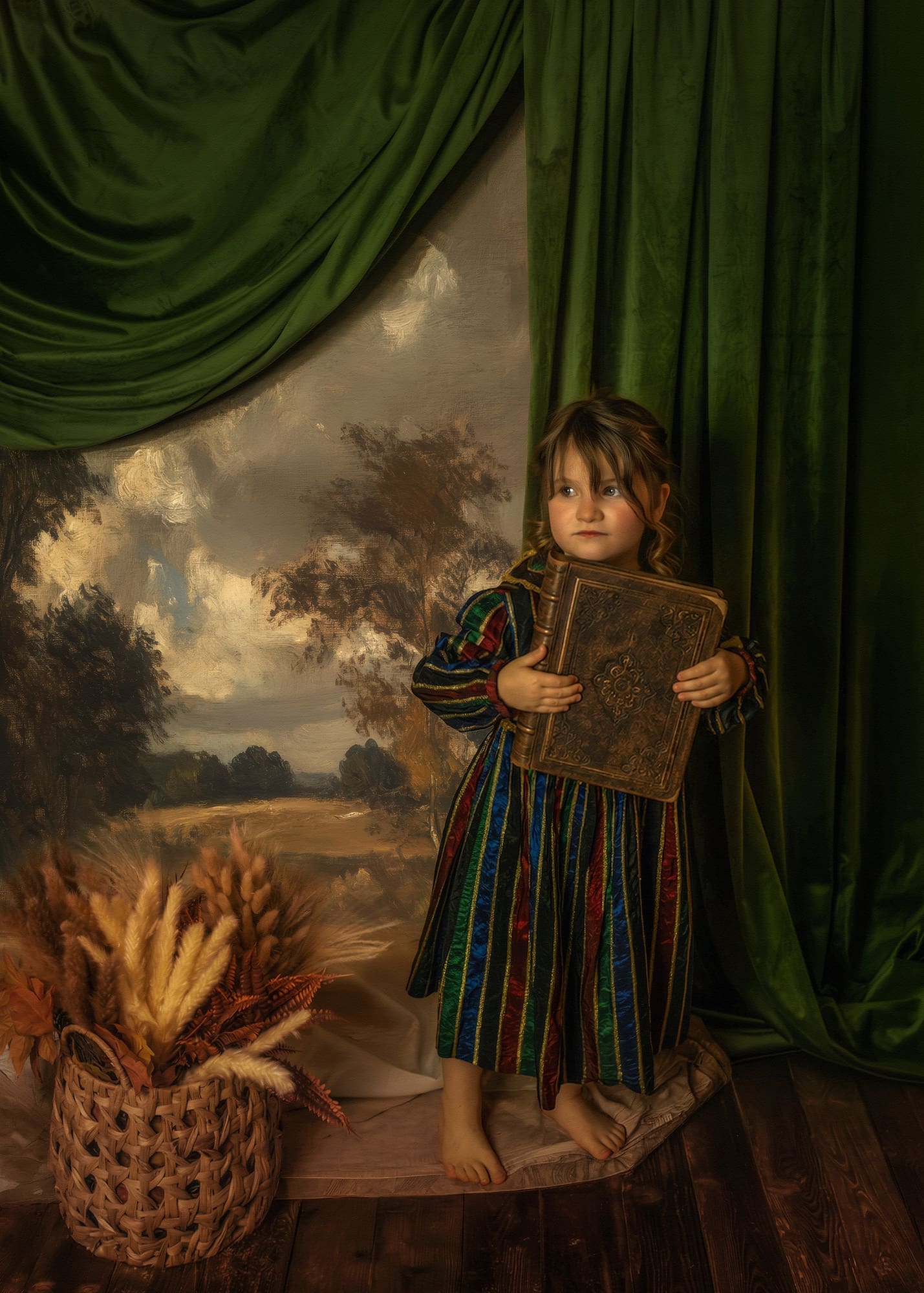 Fine art children’s portrait in Odessa Texas by Jeanette Sebolt Fine Art featuring a young girl holding an antique book in a painterly heirloom style